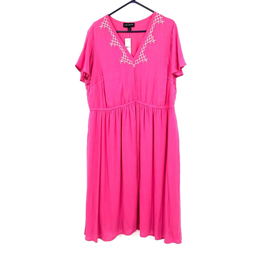 Lane Bryant Size 20 Petite Dress Pink Short Ruffle Sleeve V Neck Fit & Flare NWT
